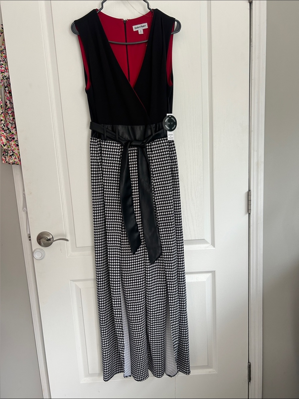 New Shelby & Palmer Faux-Wrap Houndstooth wide split leg jumpsuit 14